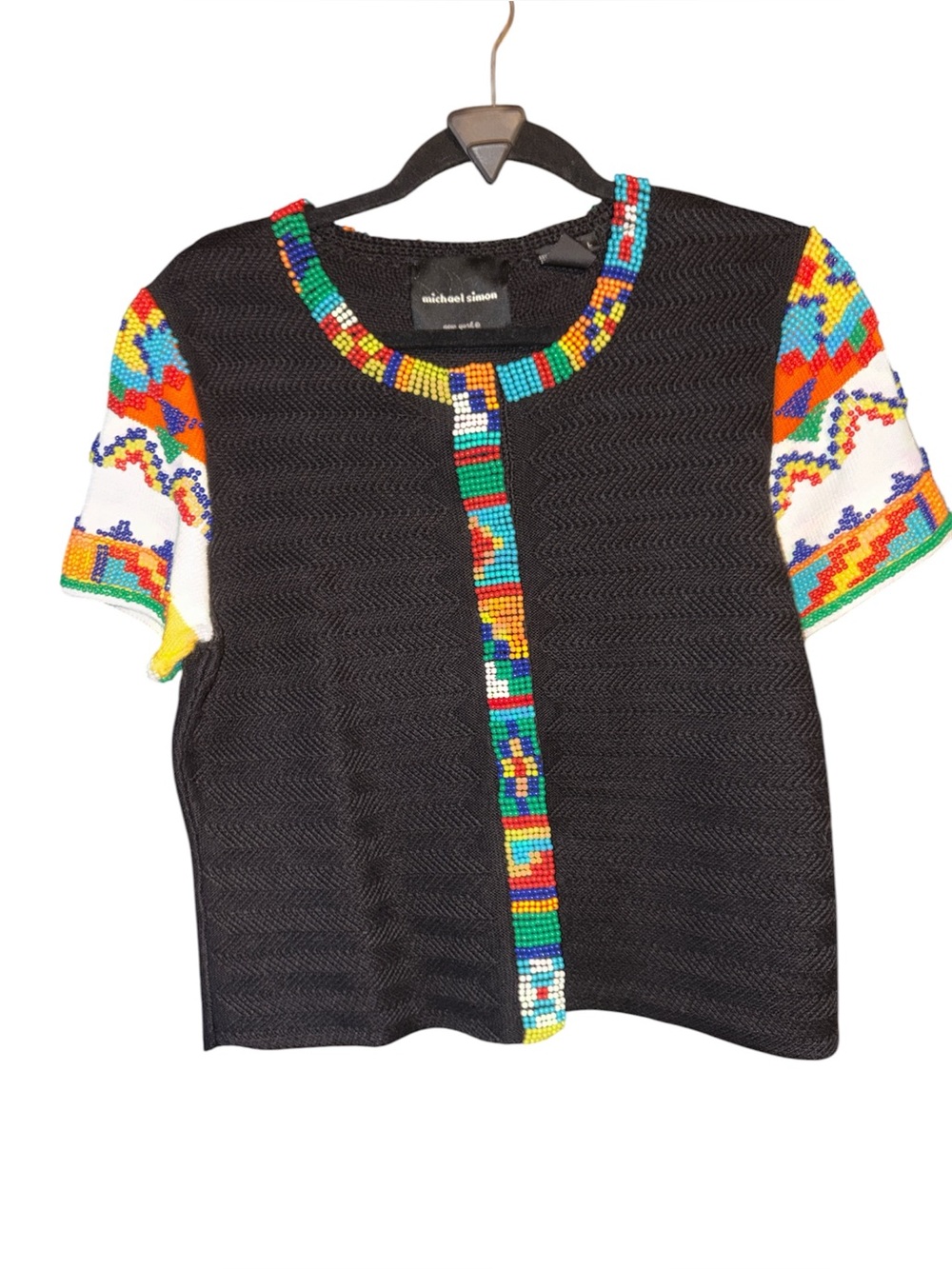 Michael Simon Black Knit Top with Multicolor Beaded Trim large